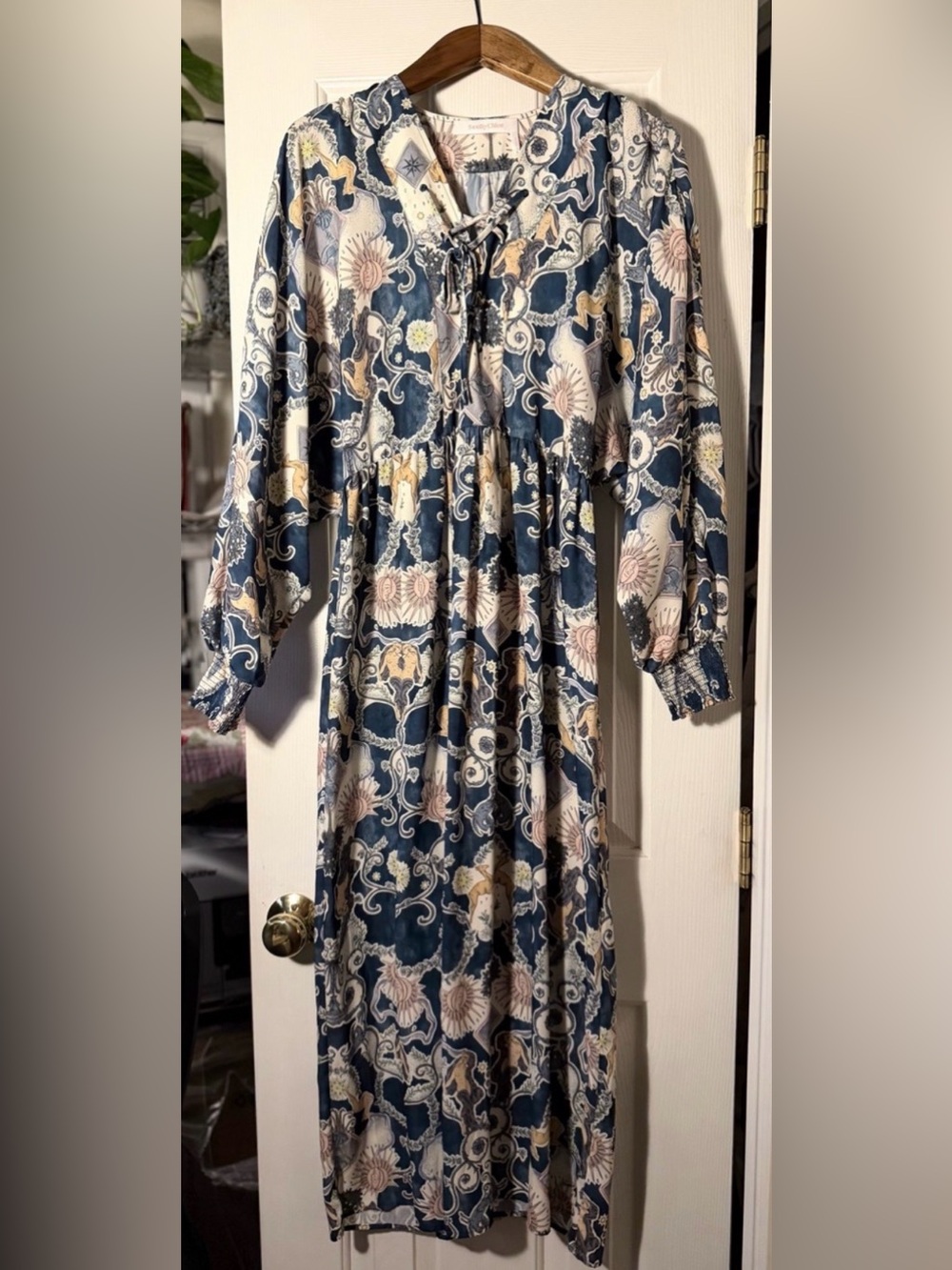 See by Chloe Boho Floral Tie-Neck Maxi Dress in Blue and Cream